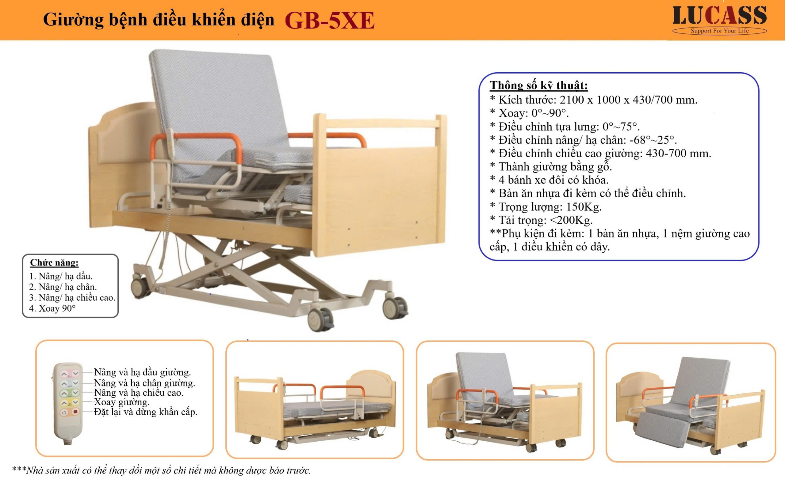 Giường bệnh nhân điều khiển điện Lucass GB-5XE